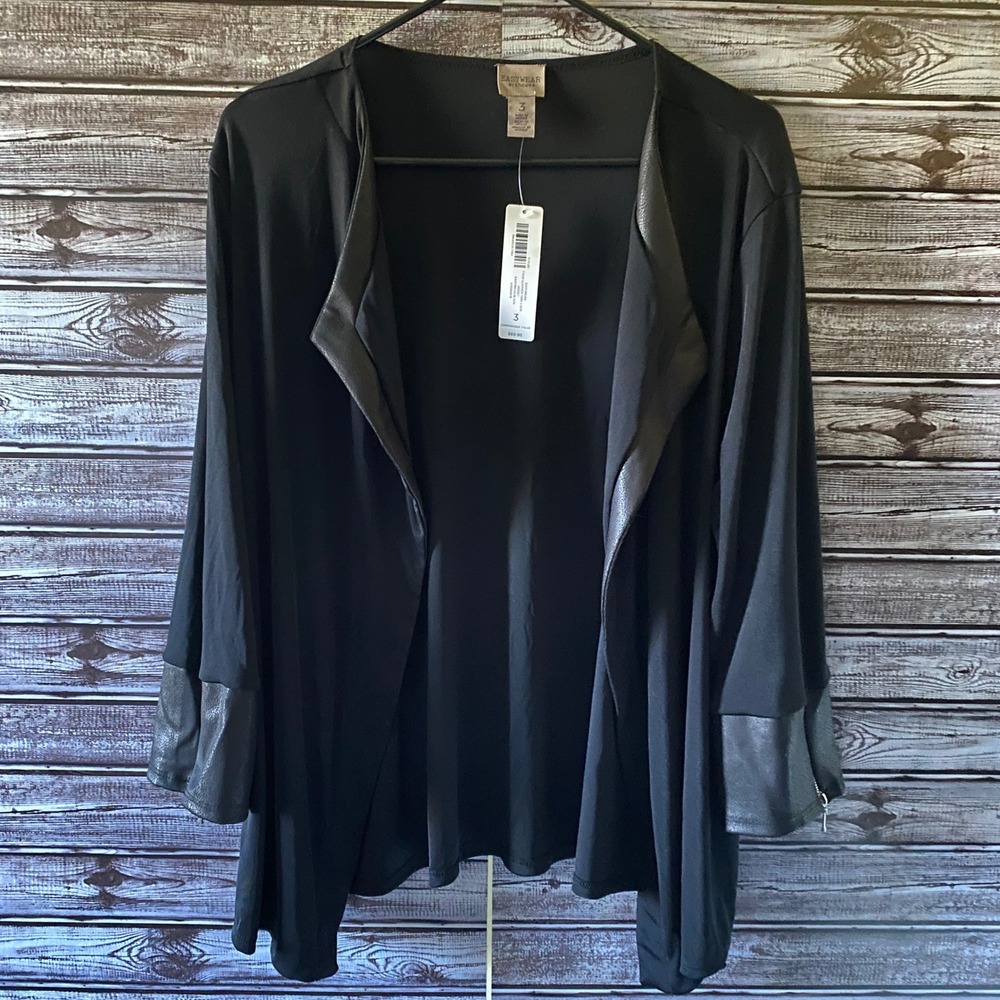 Easywear By Chico's Women's Faux-Leather Trim Jacket Size L Black Open-Front NWT